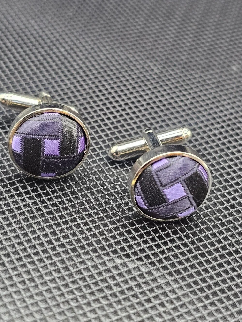 Silver Tone Cufflinks with Purple and Black Fabric Inlay